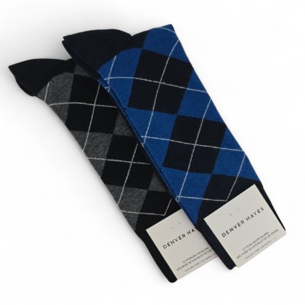 NWT Denver Hayes Men's 2 Pairs Argyle Dress Sock Black Blue Cotton Blend Sz 7-12